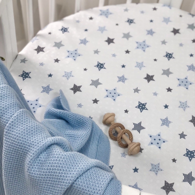 Husa saltea rotunda patut bebe copii cu elastic, Stelute albastre (3)